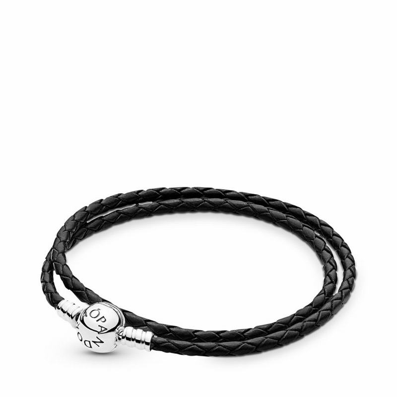 Pandora Black Braided Double-leather Charm Bracelet Ireland - Sterling Silver/Leather/Black - 182407